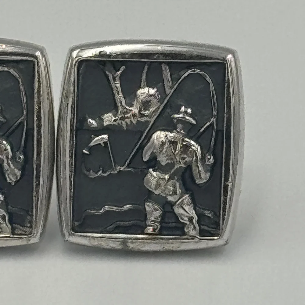Silver Tone Fly Fisherman Cufflinks Mens Rectangular Fishing Scene‎